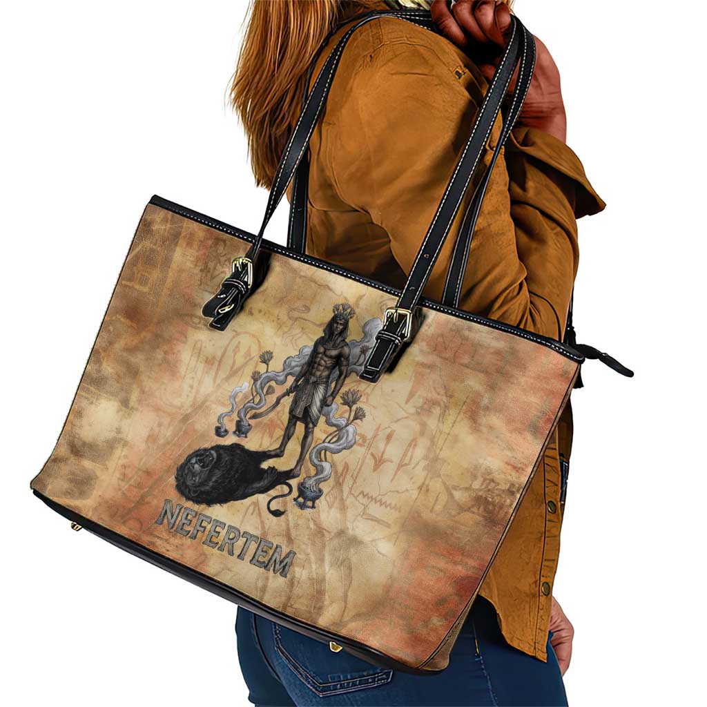 Nefertem Ancient Egyptian Leather Tote Bag Lion Head Lotus Flowers Incense Smoke Ancient