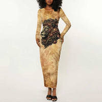 Nefertem Ancient Egyptian Long Sleeve Bodycon Dress Lion Head Lotus Flowers Incense Smoke Ancient
