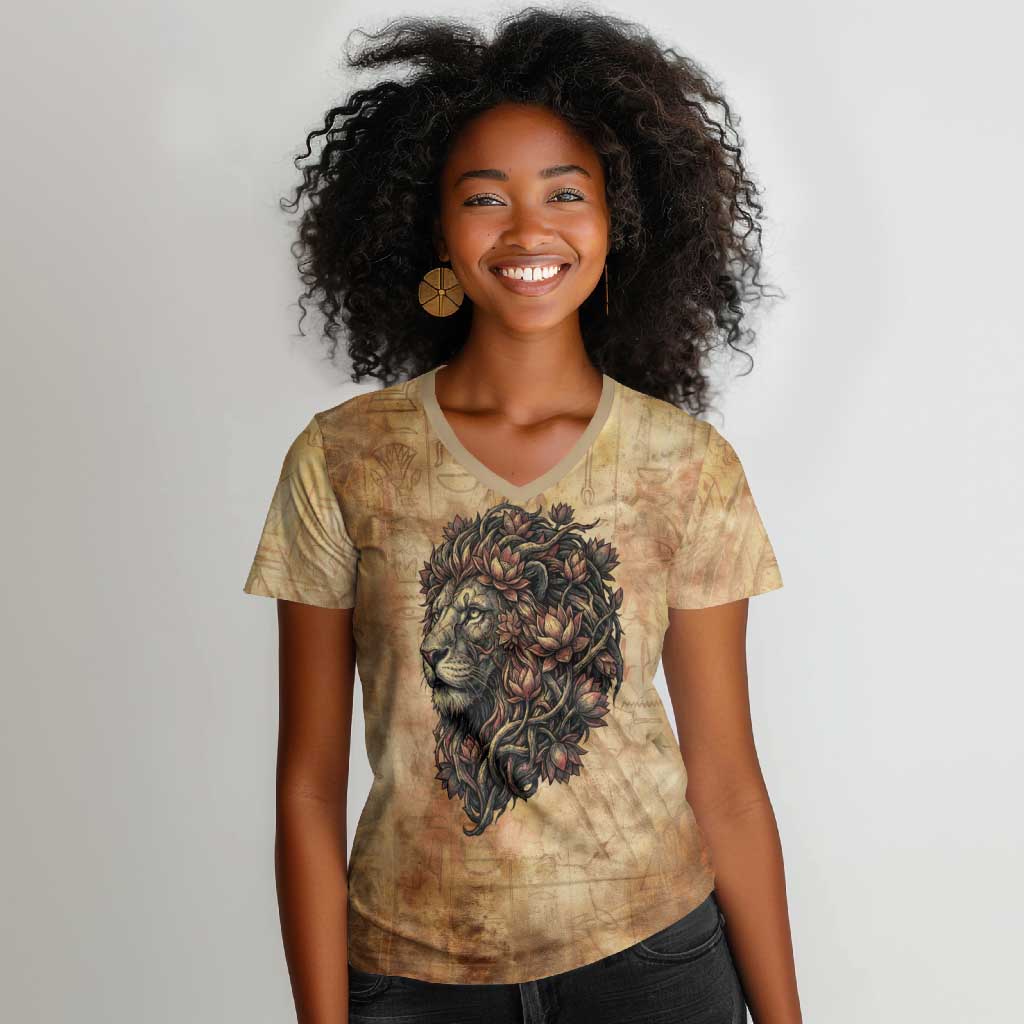 Nefertem Ancient Egyptian Women V-Neck T-Shirt Lion Head Lotus Flowers Incense Smoke Ancient