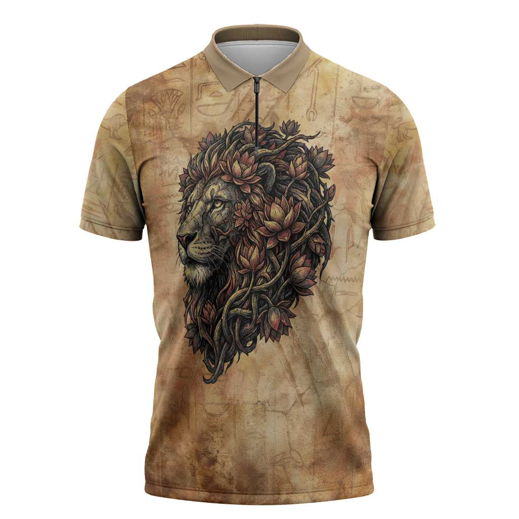 Nefertem Ancient Egyptian Zipper Polo Shirt Lion Head Lotus Flowers Incense Smoke Ancient