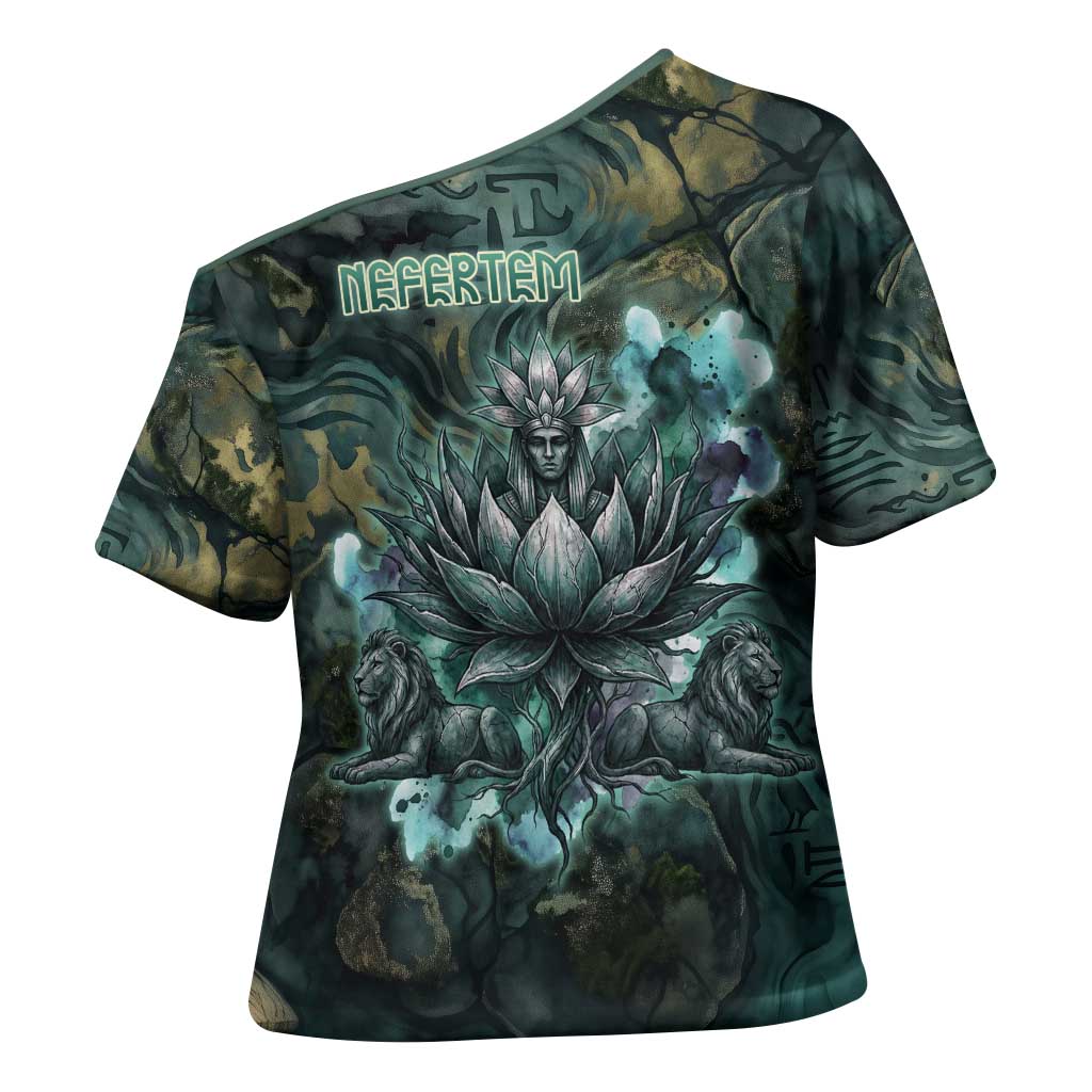 Nefertem Cross Shoulder Shirt Primordial Bloom Lotus Mystical Lion Cosmic Egyptian