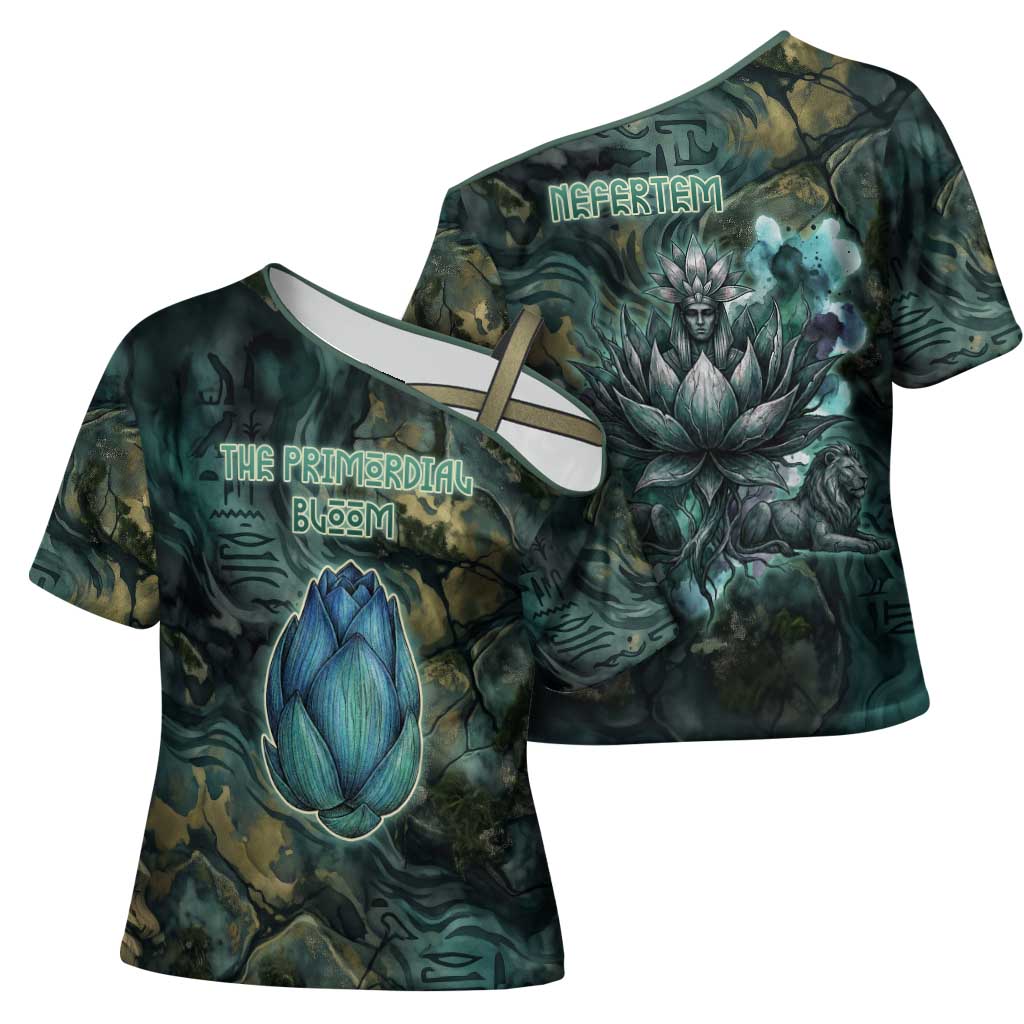 Nefertem Cross Shoulder Shirt Primordial Bloom Lotus Mystical Lion Cosmic Egyptian