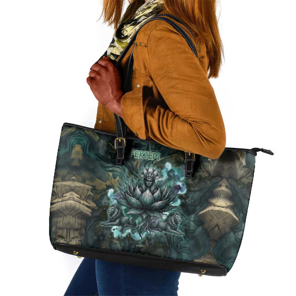 Nefertem Leather Tote Bag Primordial Bloom Lotus Mystical Lion Cosmic Egyptian