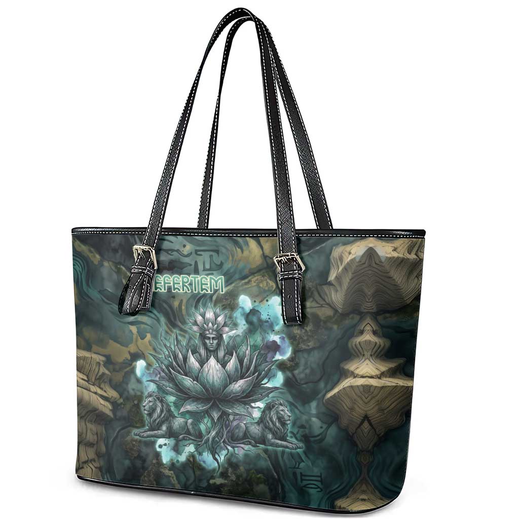 Nefertem Leather Tote Bag Primordial Bloom Lotus Mystical Lion Cosmic Egyptian