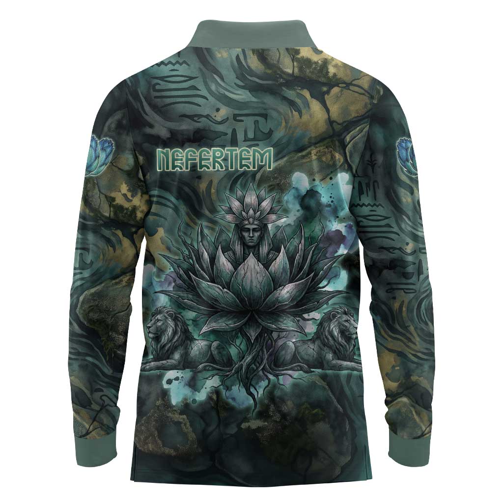 Nefertem Long Sleeve Polo Shirt Primordial Bloom Lotus Mystical Lion Cosmic Egyptian