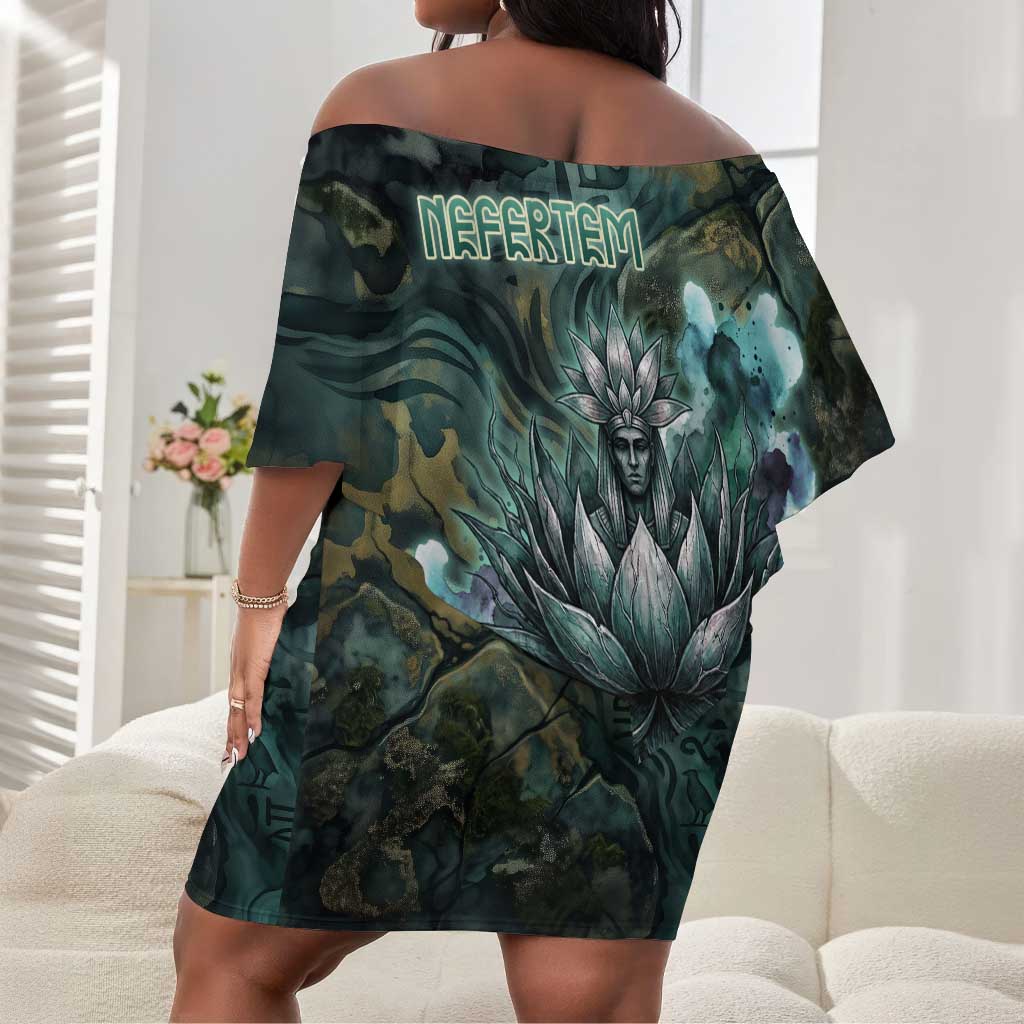 Nefertem Off Shoulder Short Dress Primordial Bloom Lotus Mystical Lion Cosmic Egyptian