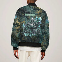 Nefertem Sleeve Zip Bomber Jacket Primordial Bloom Lotus Mystical Lion Cosmic Egyptian