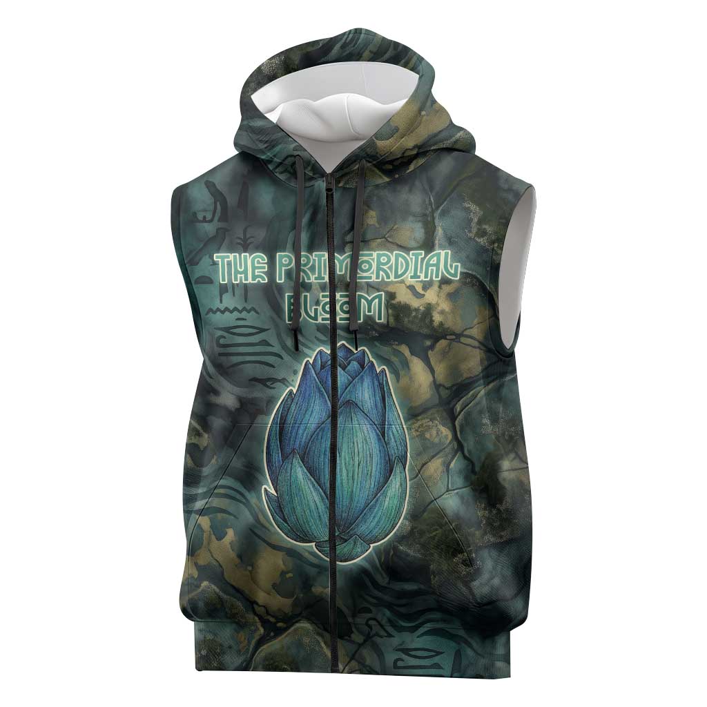 Nefertem Sleeveless Zip Hoodie Primordial Bloom Lotus Mystical Lion Cosmic Egyptian