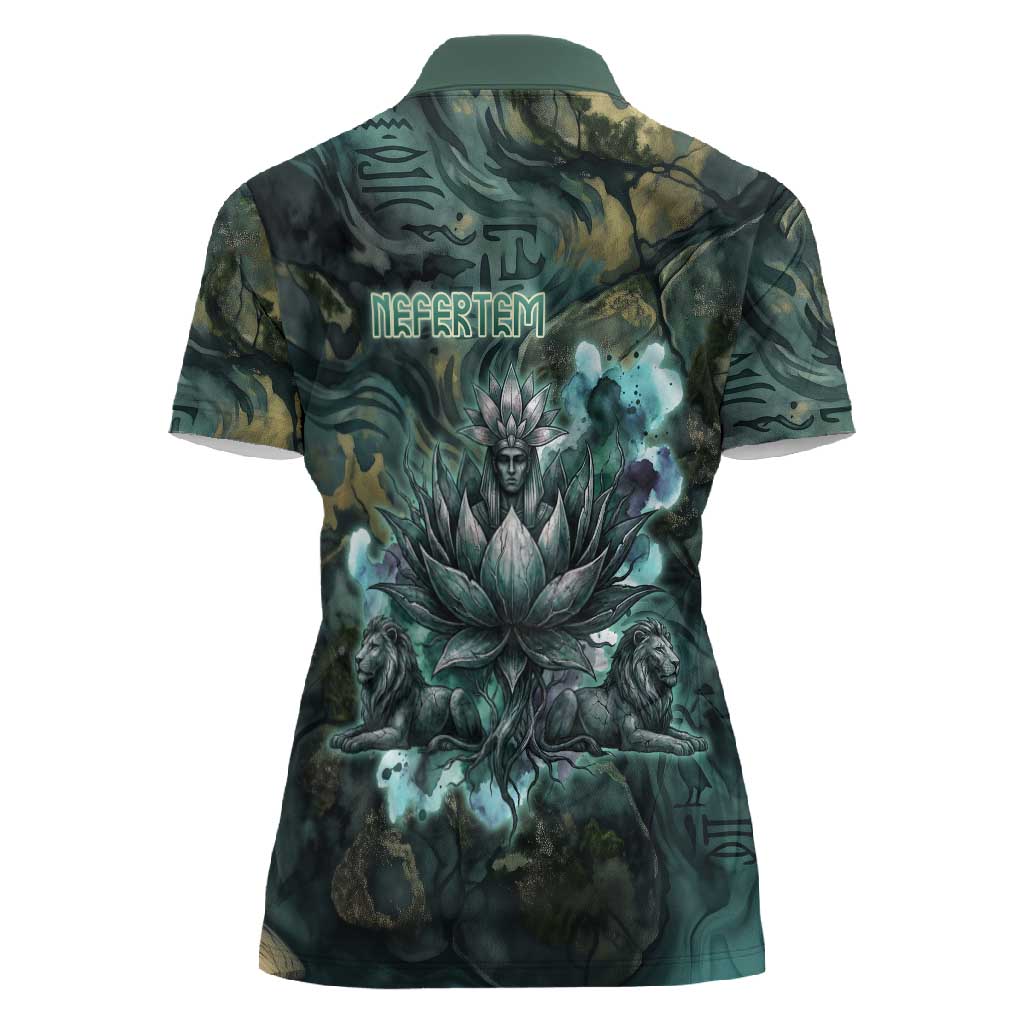 Nefertem Women Polo Shirt Primordial Bloom Lotus Mystical Lion Cosmic Egyptian