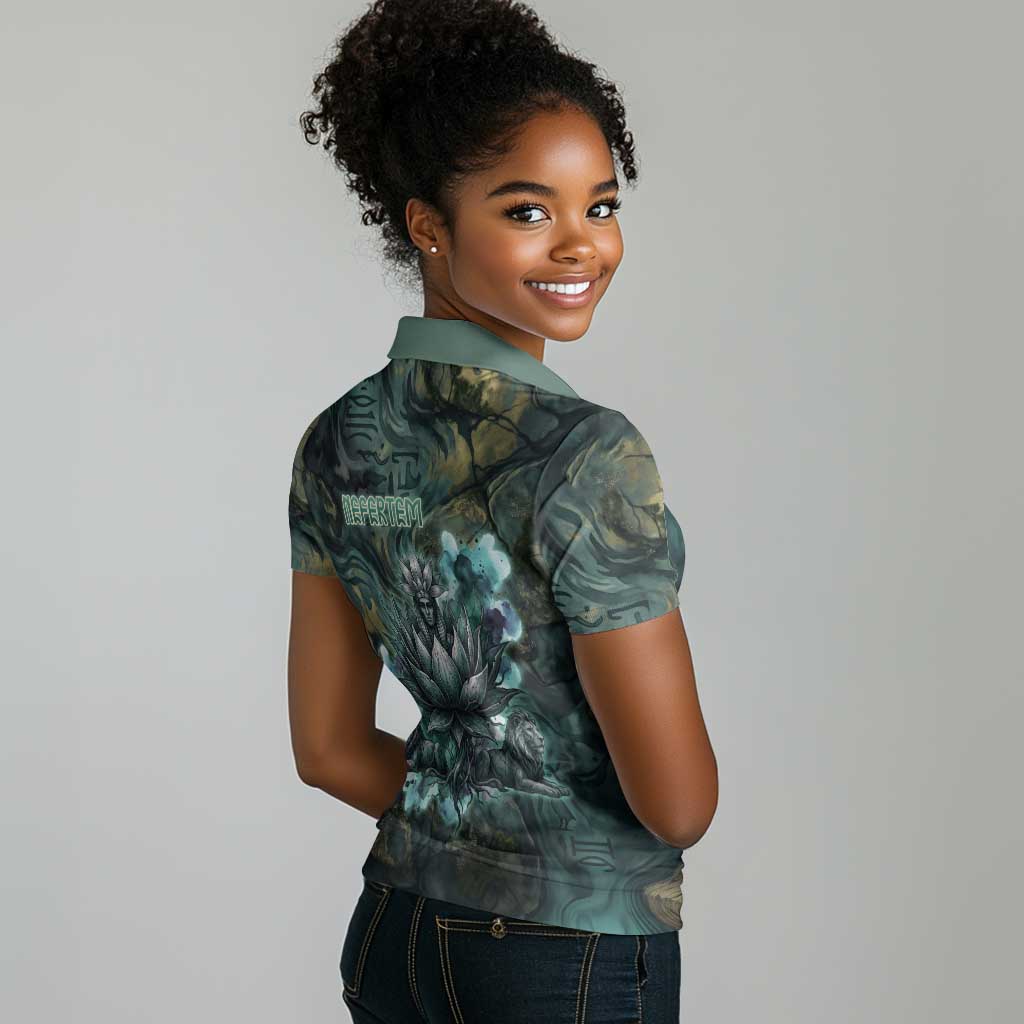 Nefertem Women Polo Shirt Primordial Bloom Lotus Mystical Lion Cosmic Egyptian