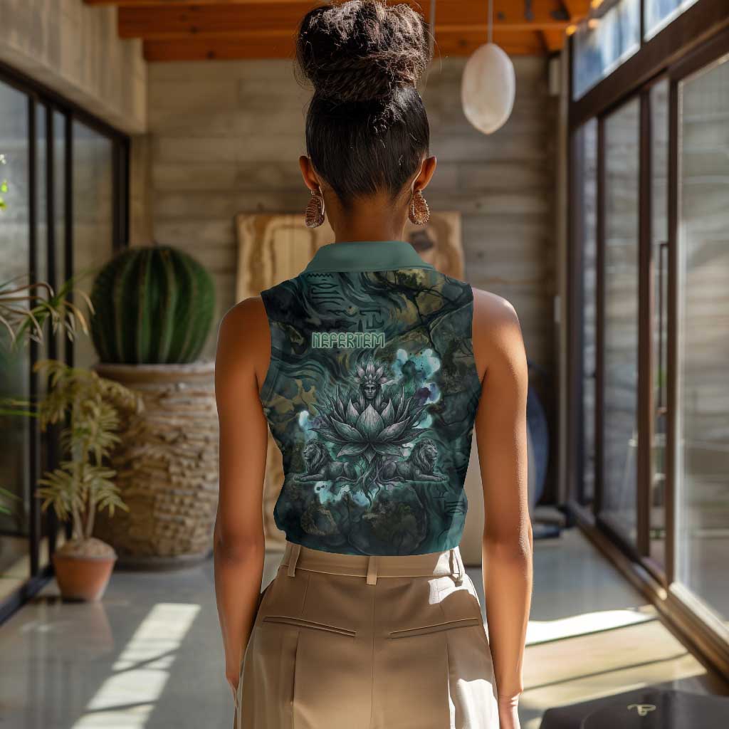 Nefertem Women Sleeveless Polo Shirt Primordial Bloom Lotus Mystical Lion Cosmic Egyptian