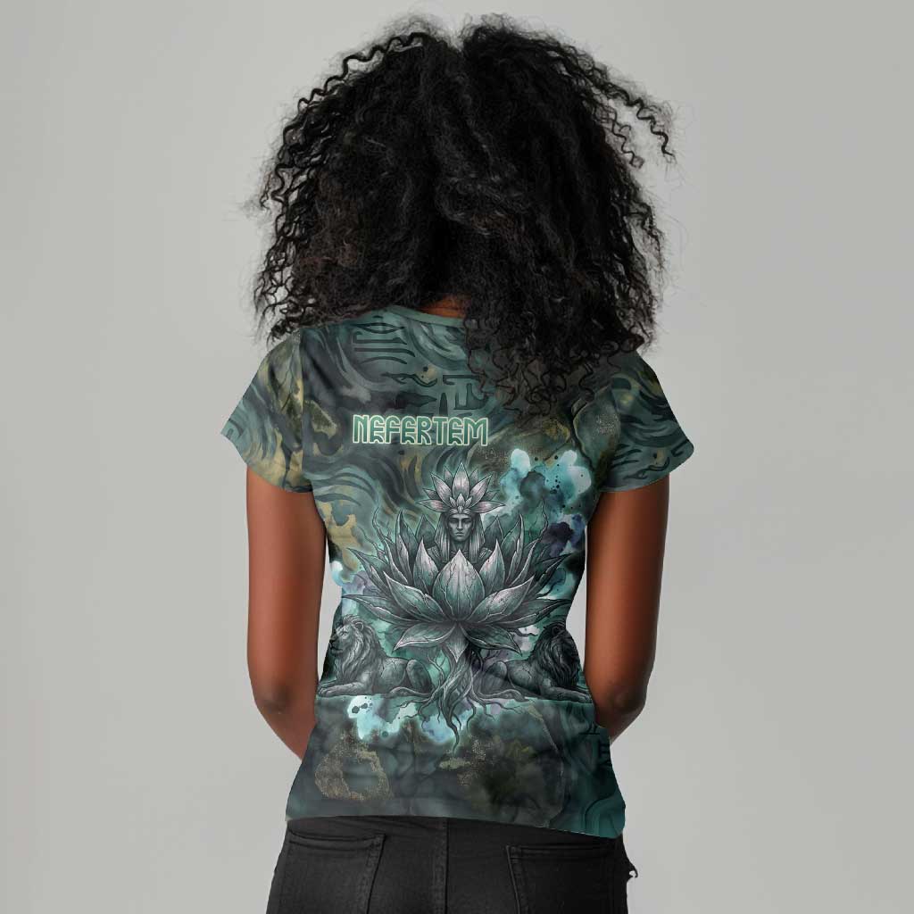 Nefertem Women V-Neck T-Shirt Primordial Bloom Lotus Mystical Lion Cosmic Egyptian