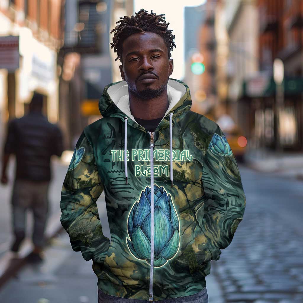 Nefertem Zip Hoodie Primordial Bloom Lotus Mystical Lion Cosmic Egyptian