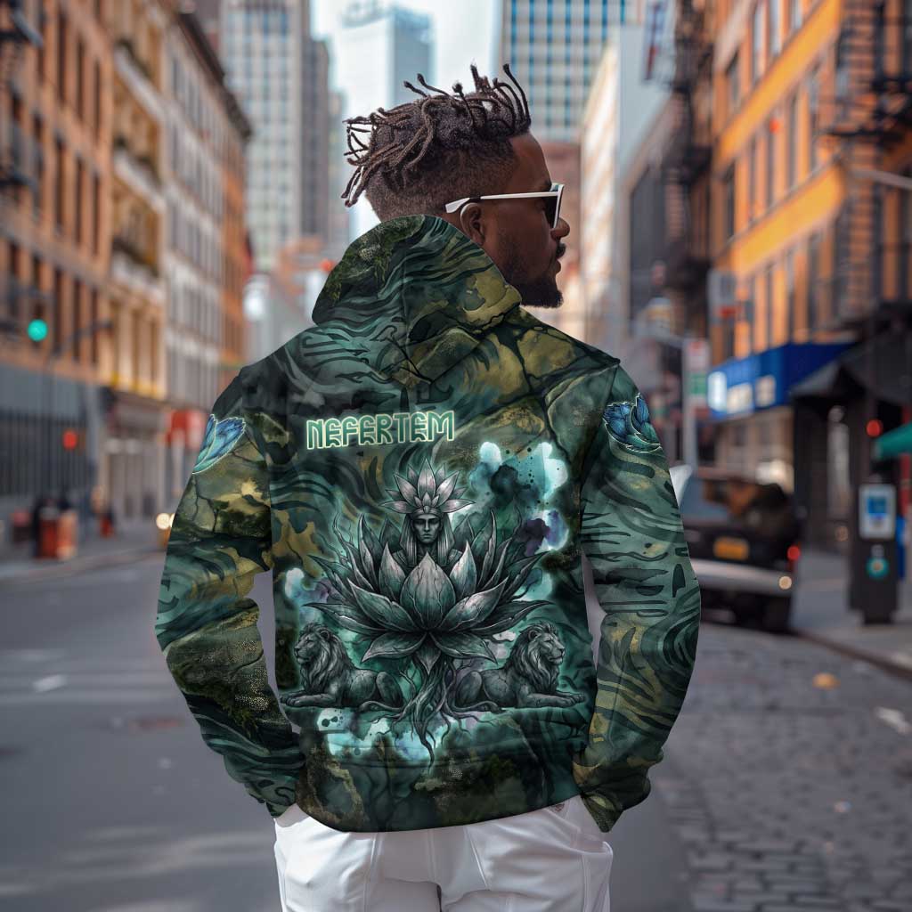Nefertem Zip Hoodie Primordial Bloom Lotus Mystical Lion Cosmic Egyptian