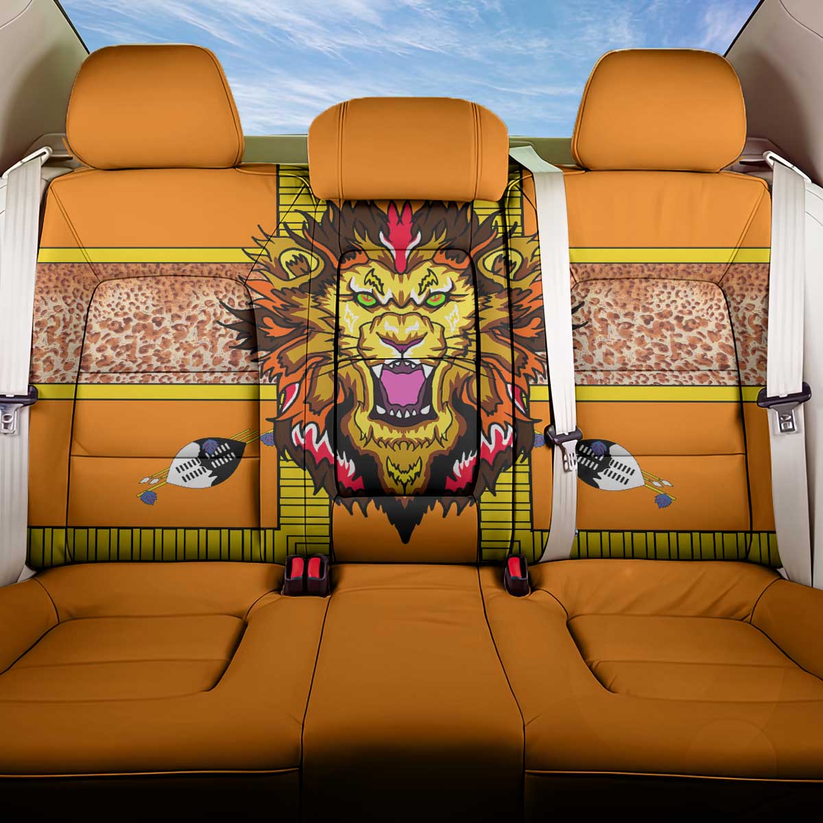 Swaziland Back Car Seat Cover Lion Shield and Leopard Print Tribal Design
