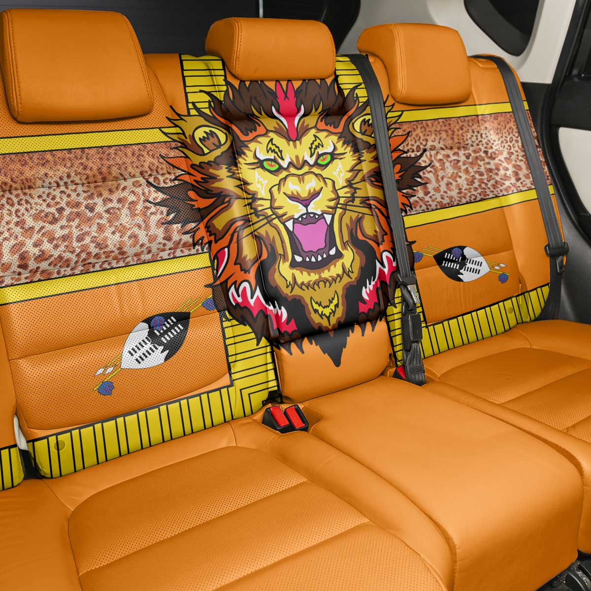 Swaziland Back Car Seat Cover Lion Shield and Leopard Print Tribal Design