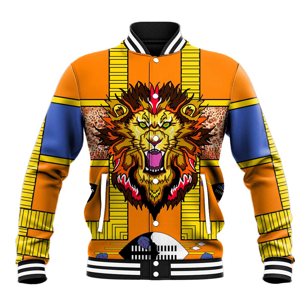 Swaziland Baseball Jacket Lion Shield and Leopard Print Tribal Design