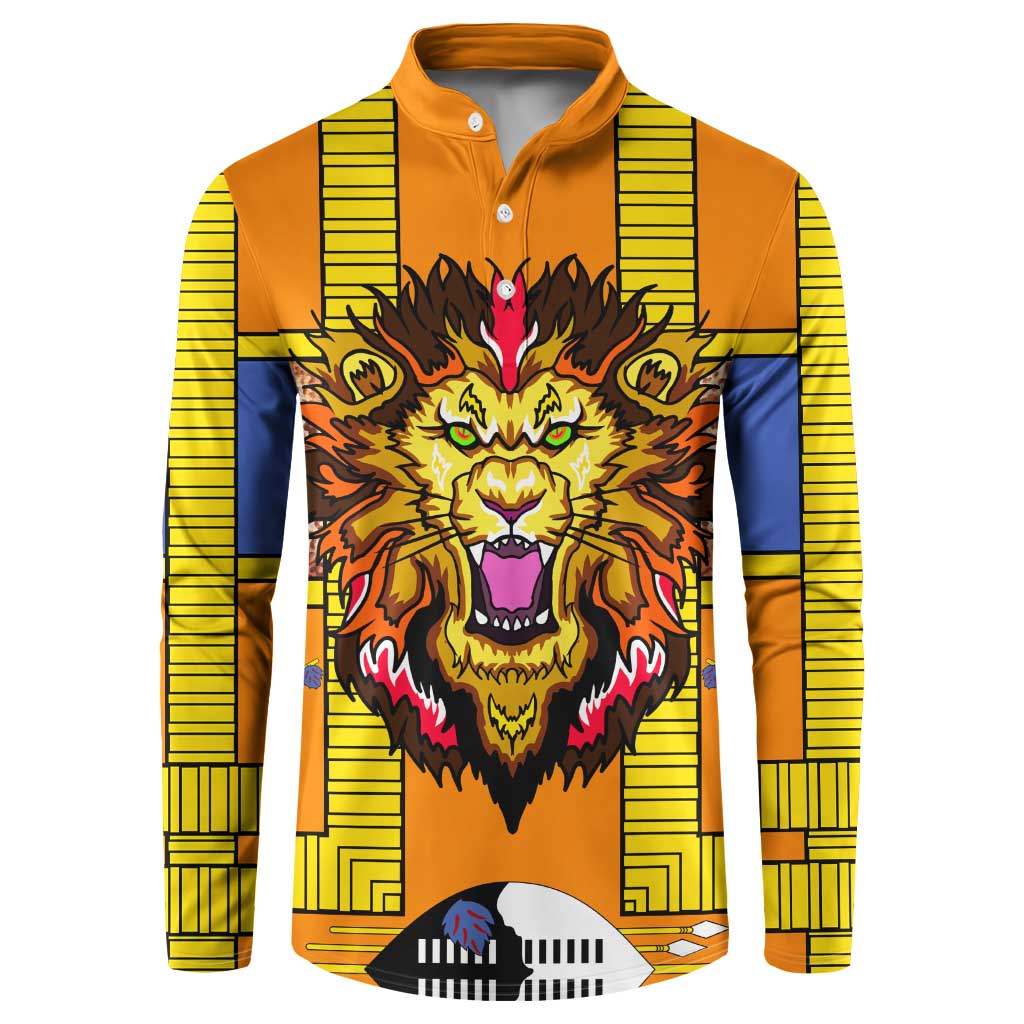 Swaziland Button Sweatshirt Lion Shield and Leopard Print Tribal Design