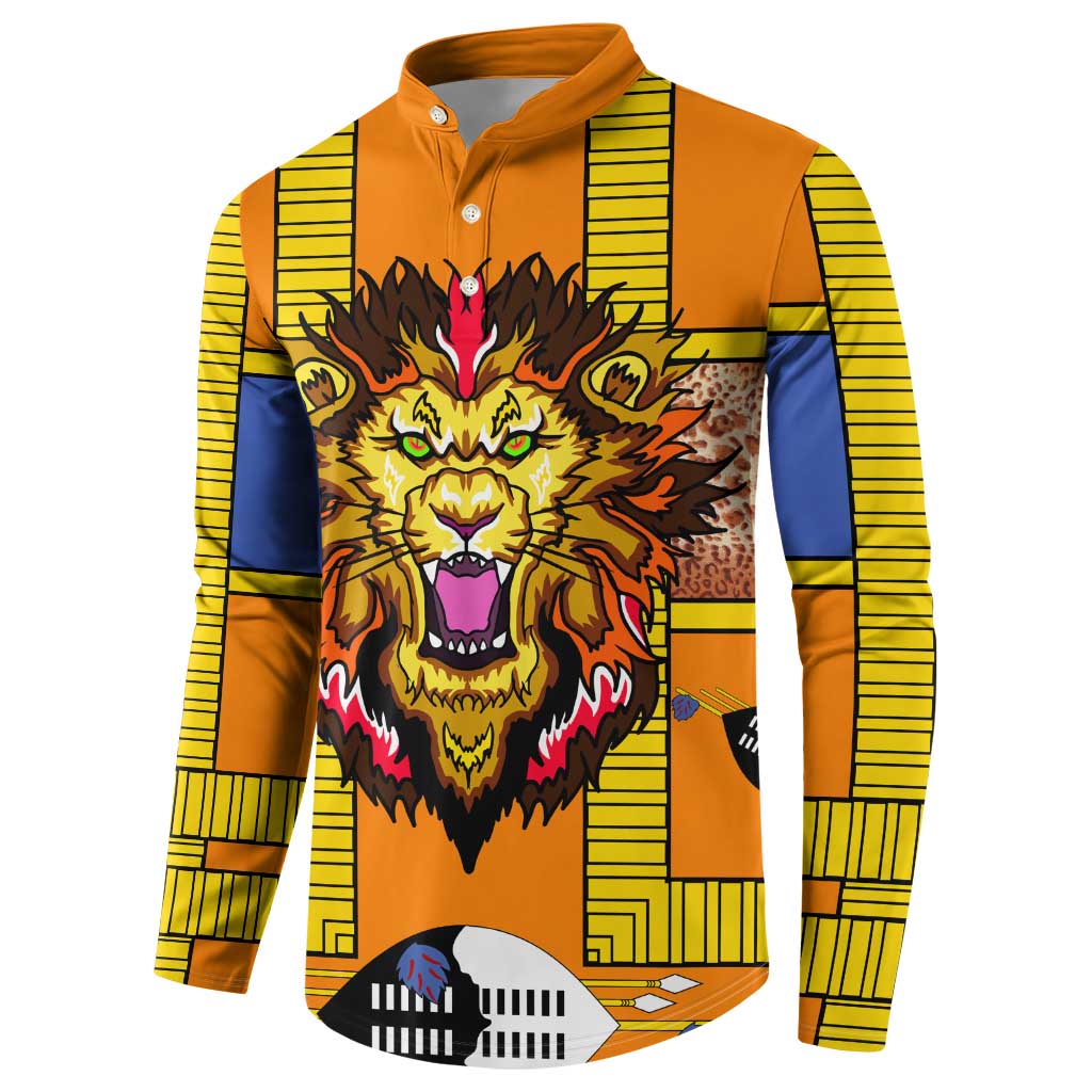 Swaziland Button Sweatshirt Lion Shield and Leopard Print Tribal Design