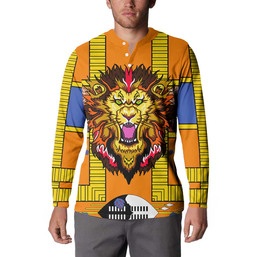 Swaziland Button Sweatshirt Lion Shield and Leopard Print Tribal Design