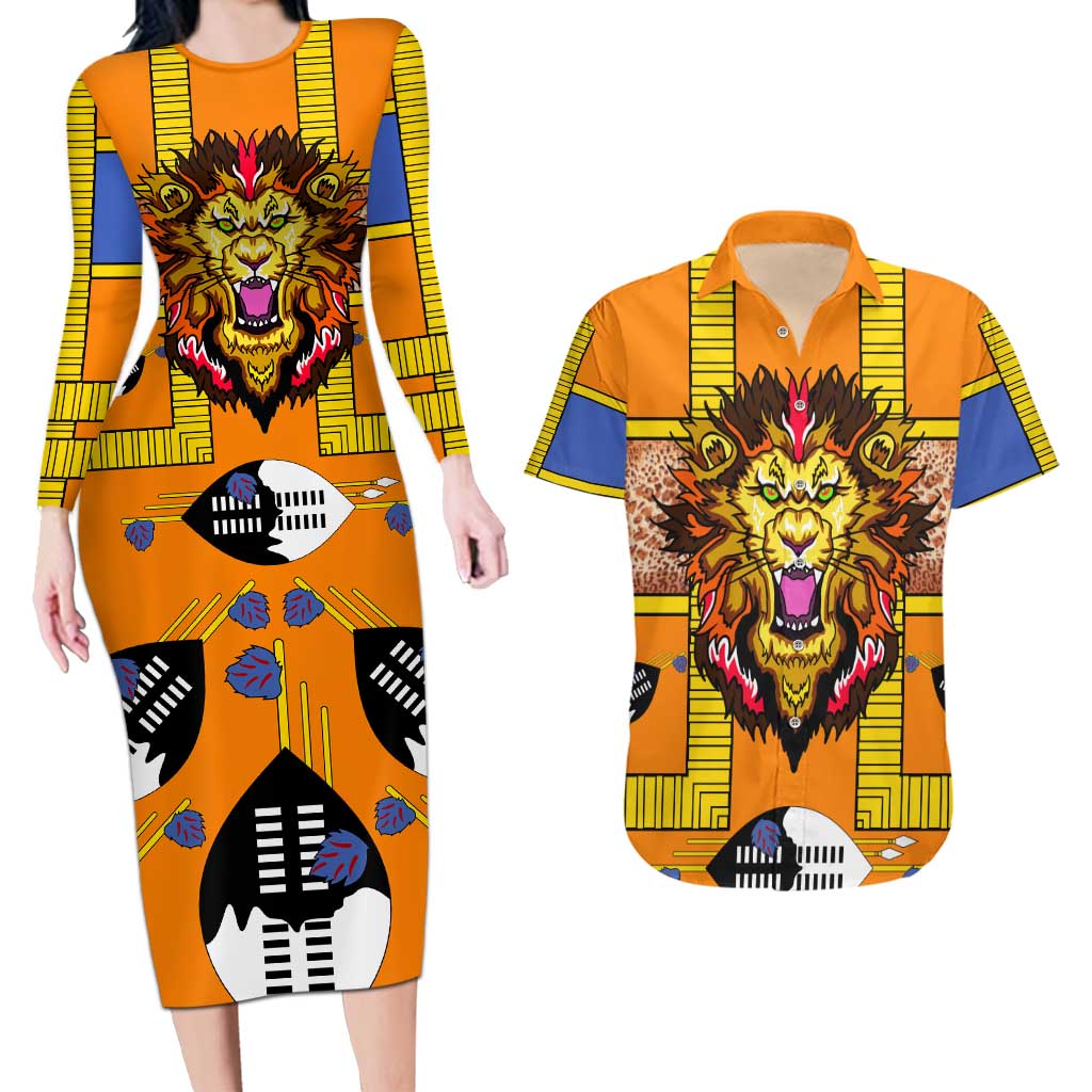 Swaziland Couples Matching Long Sleeve Bodycon Dress and Hawaiian Shirt Lion Shield and Leopard Print Tribal Design