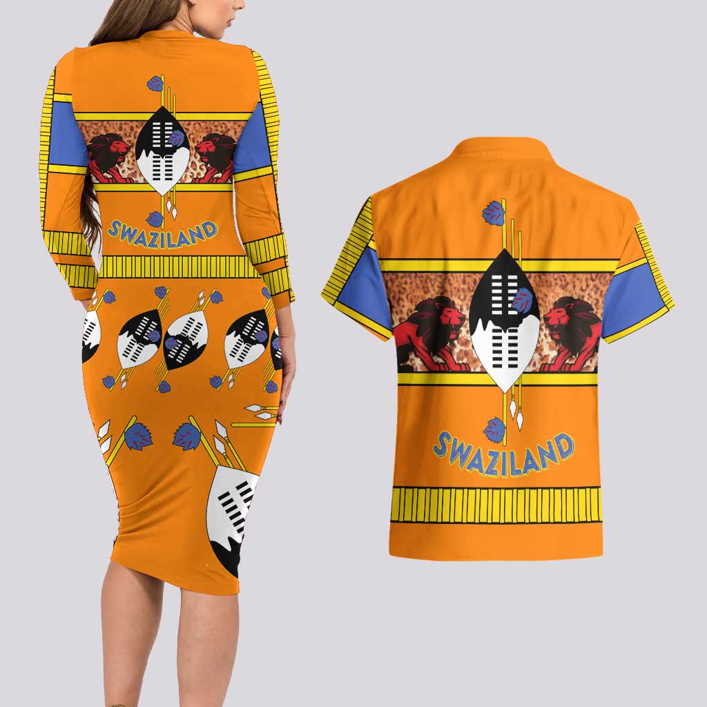 Swaziland Couples Matching Long Sleeve Bodycon Dress and Hawaiian Shirt Lion Shield and Leopard Print Tribal Design