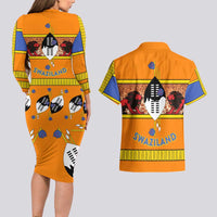 Swaziland Couples Matching Long Sleeve Bodycon Dress and Hawaiian Shirt Lion Shield and Leopard Print Tribal Design