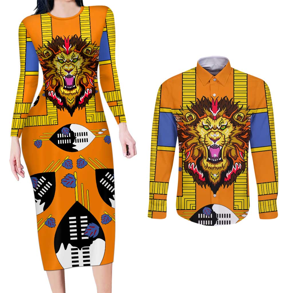 Swaziland Couples Matching Long Sleeve Bodycon Dress and Long Sleeve Button Shirt Lion Shield and Leopard Print Tribal Design