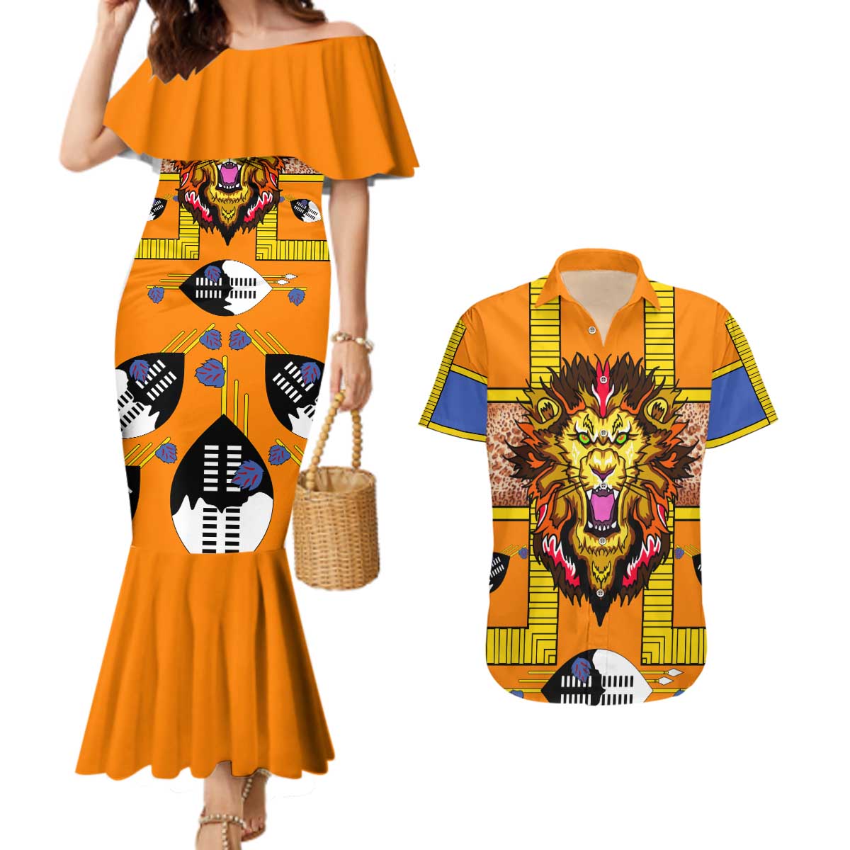 Swaziland Couples Matching Mermaid Dress and Hawaiian Shirt Lion Shield and Leopard Print Tribal Design