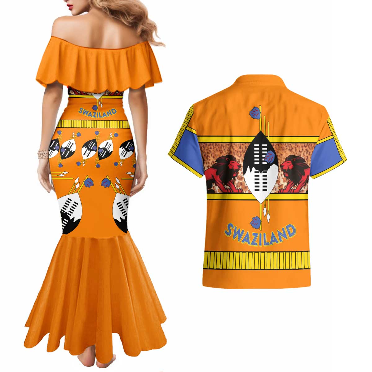 Swaziland Couples Matching Mermaid Dress and Hawaiian Shirt Lion Shield and Leopard Print Tribal Design