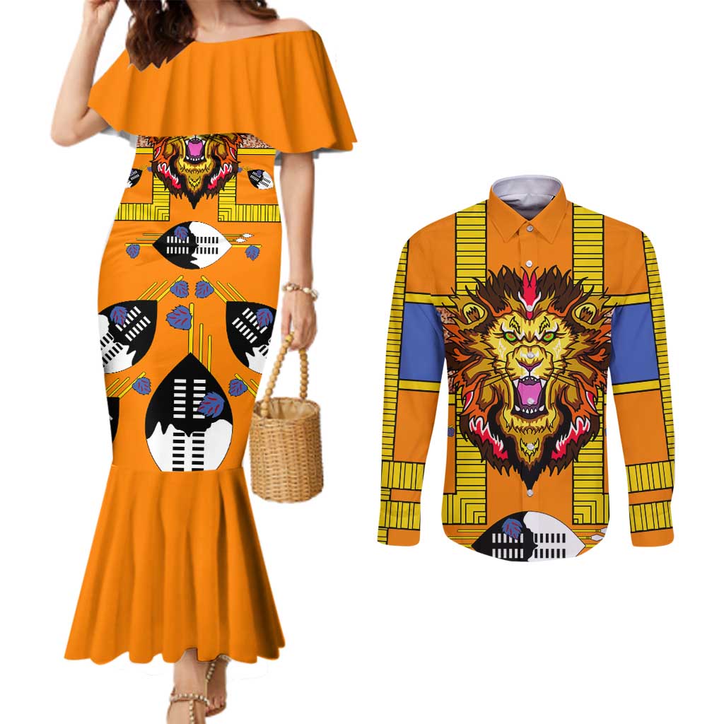 Swaziland Couples Matching Mermaid Dress and Long Sleeve Button Shirt Lion Shield and Leopard Print Tribal Design