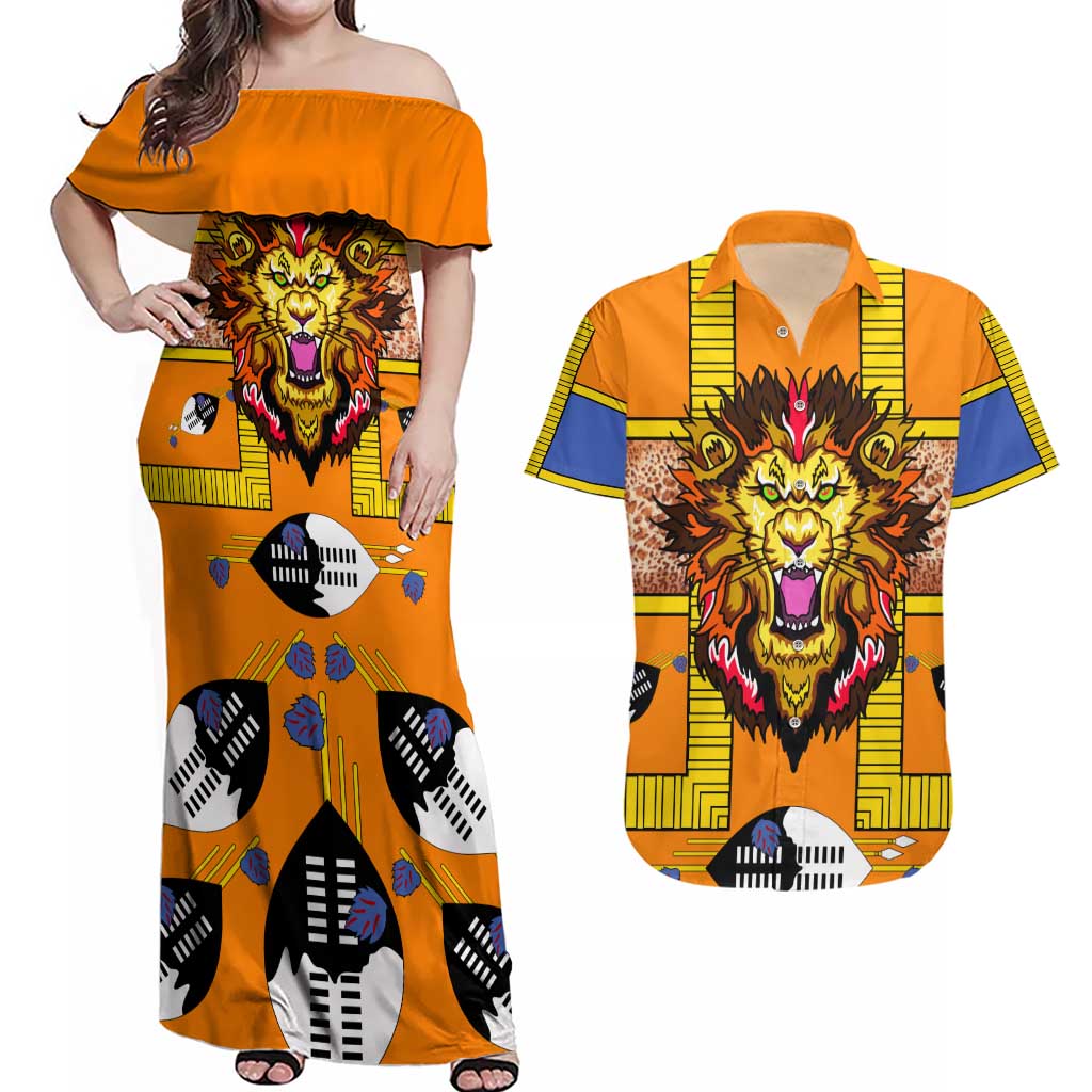 Swaziland Couples Matching Off Shoulder Maxi Dress and Hawaiian Shirt Lion Shield and Leopard Print Tribal Design