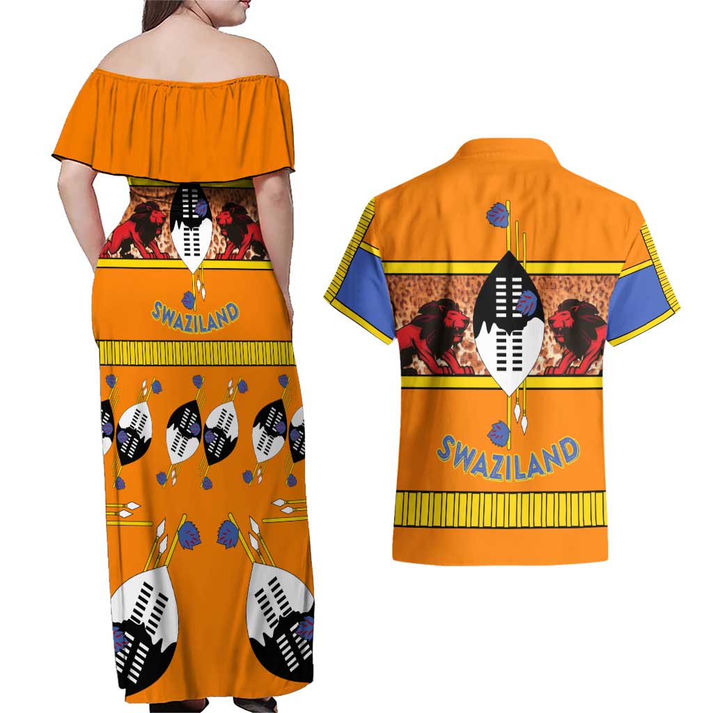 Swaziland Couples Matching Off Shoulder Maxi Dress and Hawaiian Shirt Lion Shield and Leopard Print Tribal Design