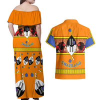 Swaziland Couples Matching Off Shoulder Maxi Dress and Hawaiian Shirt Lion Shield and Leopard Print Tribal Design