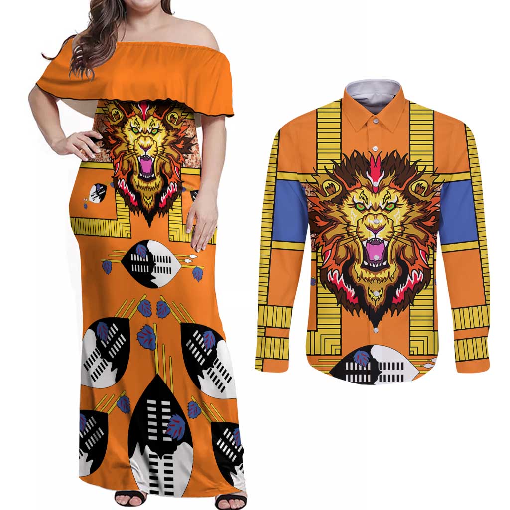 Swaziland Couples Matching Off Shoulder Maxi Dress and Long Sleeve Button Shirt Lion Shield and Leopard Print Tribal Design