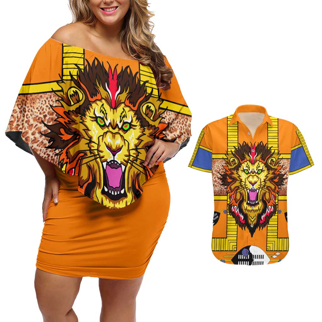 Swaziland Couples Matching Off Shoulder Short Dress and Hawaiian Shirt Lion Shield and Leopard Print Tribal Design