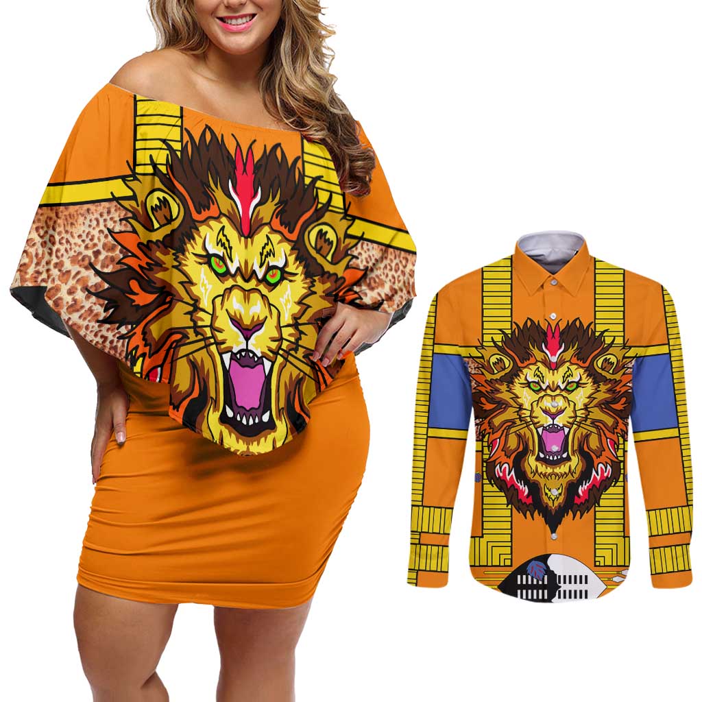 Swaziland Couples Matching Off Shoulder Short Dress and Long Sleeve Button Shirt Lion Shield and Leopard Print Tribal Design