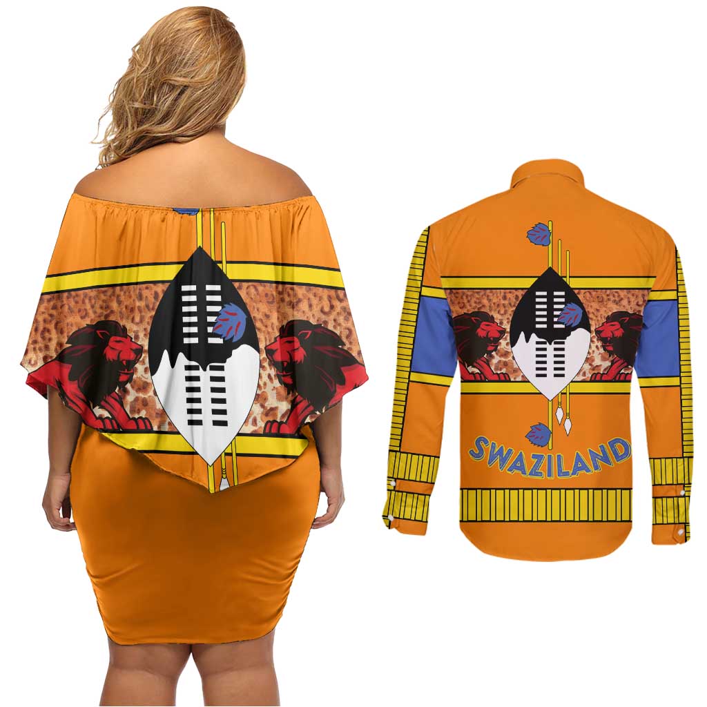 Swaziland Couples Matching Off Shoulder Short Dress and Long Sleeve Button Shirt Lion Shield and Leopard Print Tribal Design