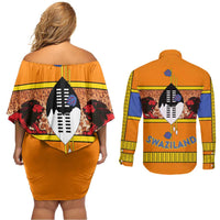 Swaziland Couples Matching Off Shoulder Short Dress and Long Sleeve Button Shirt Lion Shield and Leopard Print Tribal Design
