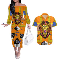 Swaziland Couples Matching Off The Shoulder Long Sleeve Dress and Hawaiian Shirt Lion Shield and Leopard Print Tribal Design