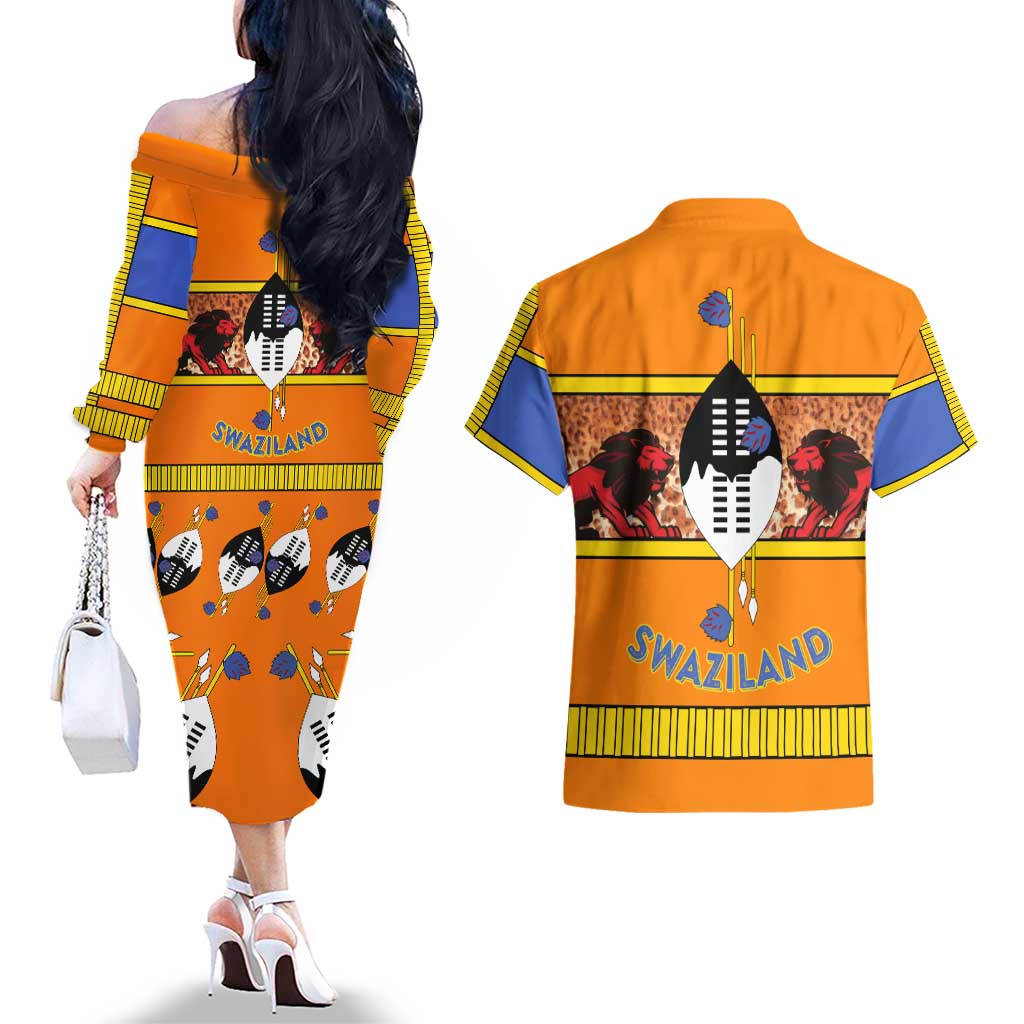 Swaziland Couples Matching Off The Shoulder Long Sleeve Dress and Hawaiian Shirt Lion Shield and Leopard Print Tribal Design