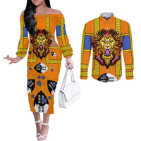 Swaziland Couples Matching Off The Shoulder Long Sleeve Dress and Long Sleeve Button Shirt Lion Shield and Leopard Print Tribal Design