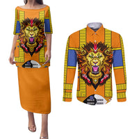 Swaziland Couples Matching Puletasi and Long Sleeve Button Shirt Lion Shield and Leopard Print Tribal Design