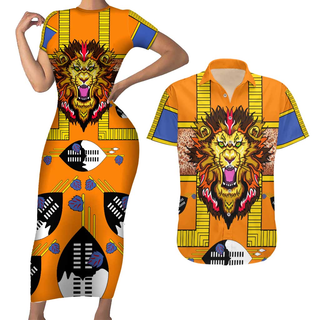 Swaziland Couples Matching Short Sleeve Bodycon Dress and Hawaiian Shirt Lion Shield and Leopard Print Tribal Design