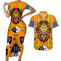 Swaziland Couples Matching Short Sleeve Bodycon Dress and Hawaiian Shirt Lion Shield and Leopard Print Tribal Design