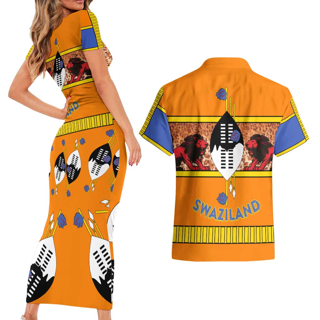 Swaziland Couples Matching Short Sleeve Bodycon Dress and Hawaiian Shirt Lion Shield and Leopard Print Tribal Design