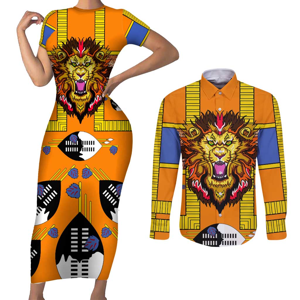 Swaziland Couples Matching Short Sleeve Bodycon Dress and Long Sleeve Button Shirt Lion Shield and Leopard Print Tribal Design