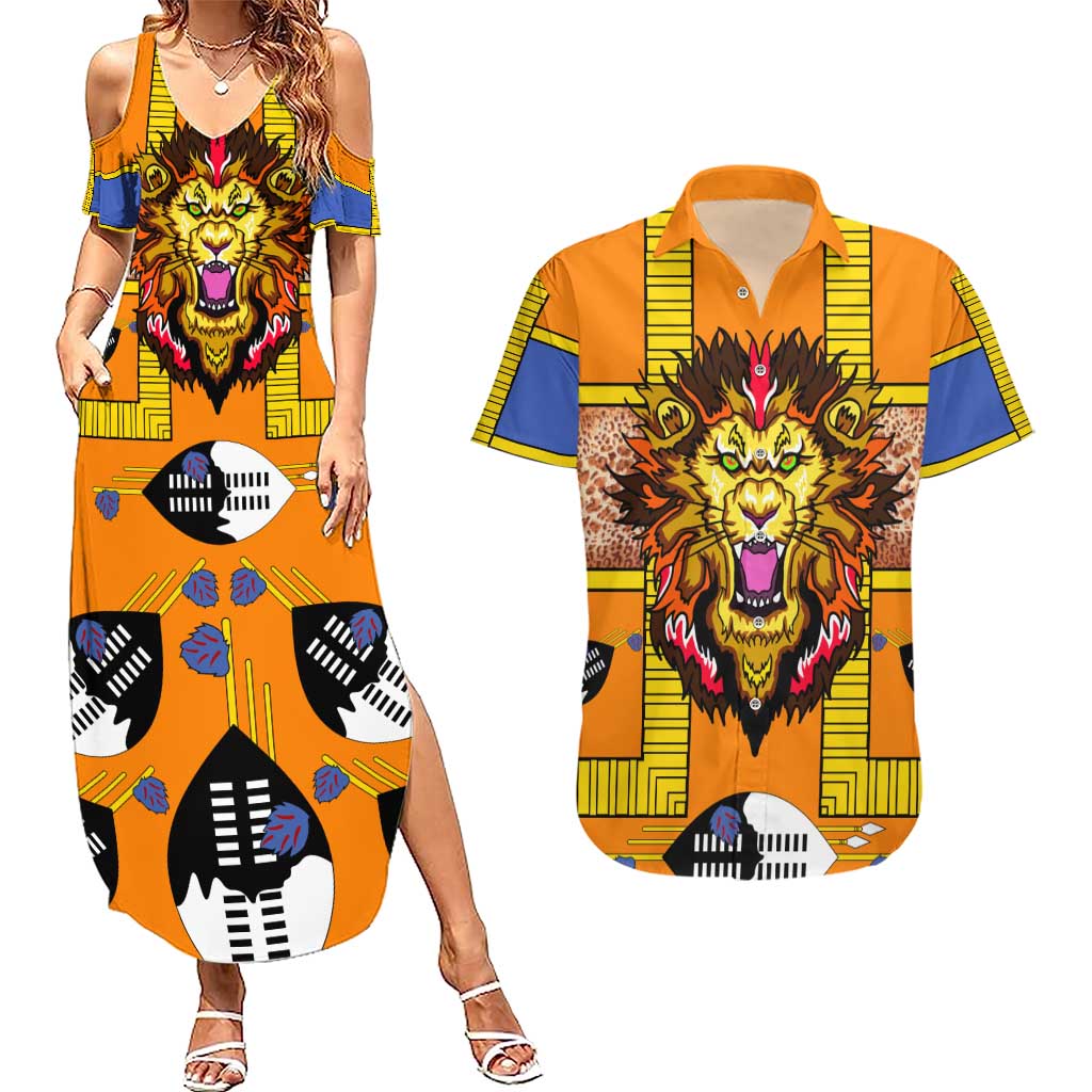 Swaziland Couples Matching Summer Maxi Dress and Hawaiian Shirt Lion Shield and Leopard Print Tribal Design