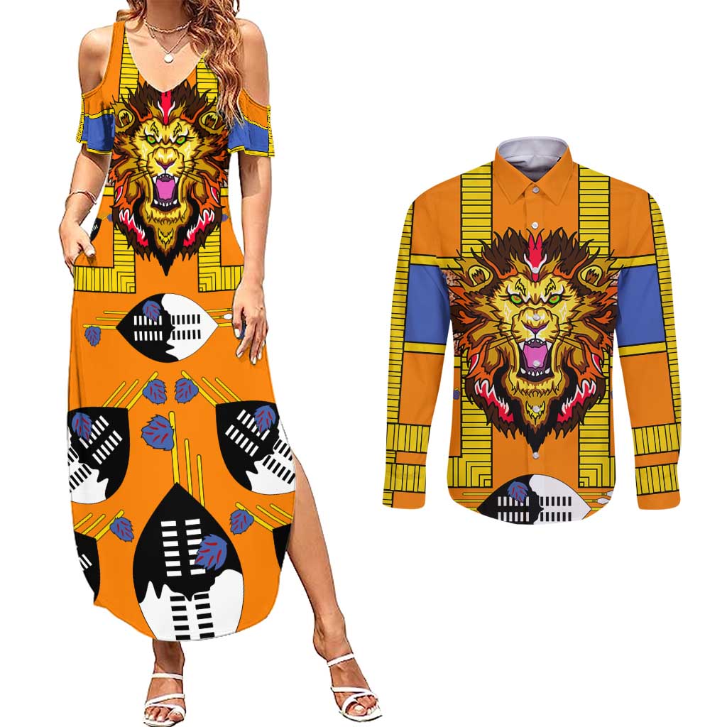 Swaziland Couples Matching Summer Maxi Dress and Long Sleeve Button Shirt Lion Shield and Leopard Print Tribal Design