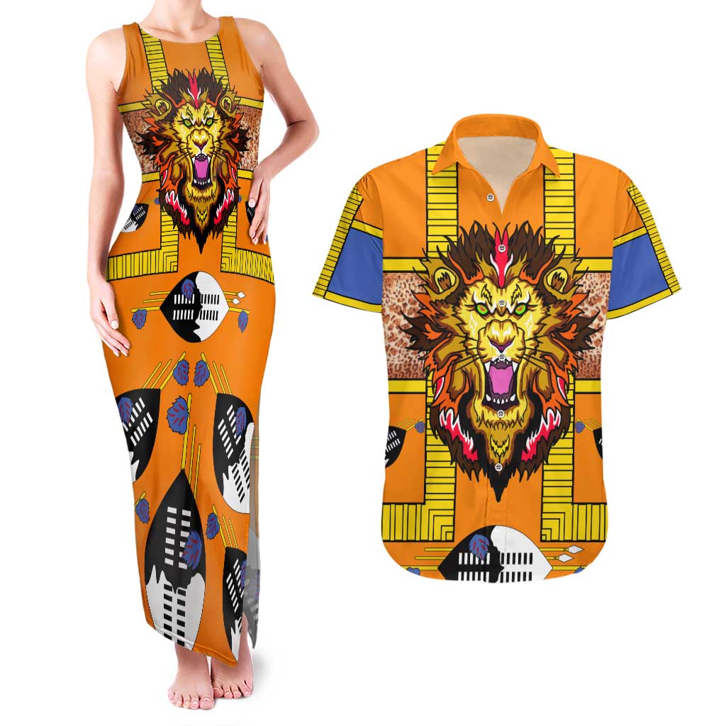 Swaziland Couples Matching Tank Maxi Dress and Hawaiian Shirt Lion Shield and Leopard Print Tribal Design